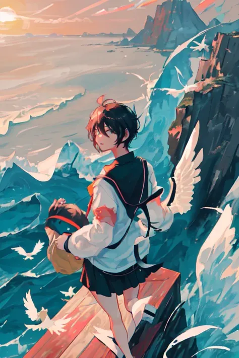 VISUAL novel,run,above,bird,fly,island, sea,typhoon, tsunami,SHORT HAIR, black hair, front,morning,