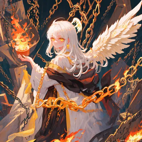 masterpiece, best quality, ultra-detailed, illustration, close-up, straight on, 1girl, white hair, yellow eyes, angel, chains,masterpiece,fancy background,fire,rainstorm