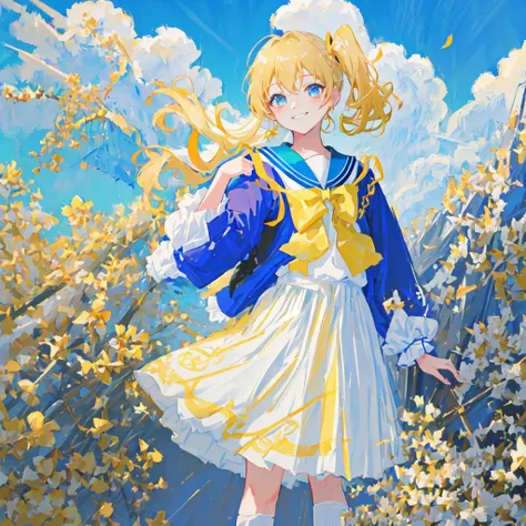 pov,close-up,blue sky with clouds,anime screencap,((grayu)),(side_ponytail),looking at viewer,standing, arms behind back,,grin,serafuku,sailor dress,white ankle socks,uwabaki,neck ribbon,necklace,hair ribbon,ribbon,earrings,floating sakura,ray tracing,{best quality}, {{masterpiece}}, {highres}, original, extremely detailed 8K wallpaper, {an extremely delicate and beautiful},,incredibly_absurdres,colorful,intricate detail,artbook,,{best quality}, {{masterpiece}}, {highres}, original, extremely detailed 8K wallpaper, {an extremely delicate and beautiful},,incredibly_absurdres,blonde_hair/yellow_eyes,(solo),(1gril),
yellow sweater,white school uniform, shirt tucked in, red bowtie, blue checkered skirt, yellow cardigan,scrun