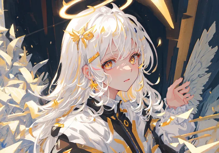 masterpiece, best quality, ultra-detailed, illustration, close-up, straight on, face focus, 1girl, white hair, golden eyes, long hair, halo, angel wings, serene expression, looking at viewer