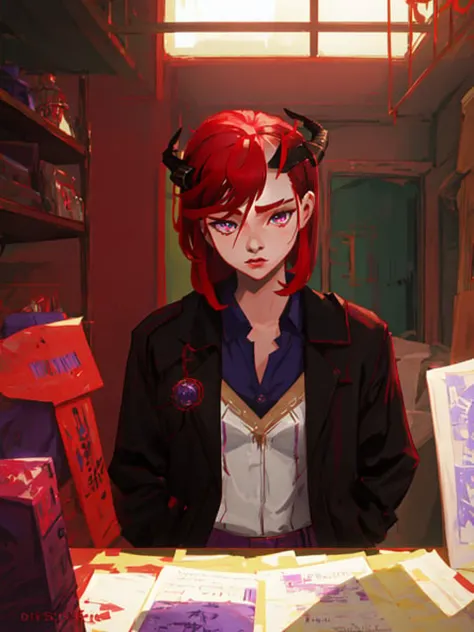 masterpiece, best quality, upper body, 1girl, looking at viewer, red hair, medium hair, purple eyes, demon horns, black coat, indoors, dimly lit  <lora:arcaneStyleLora_offset:1>