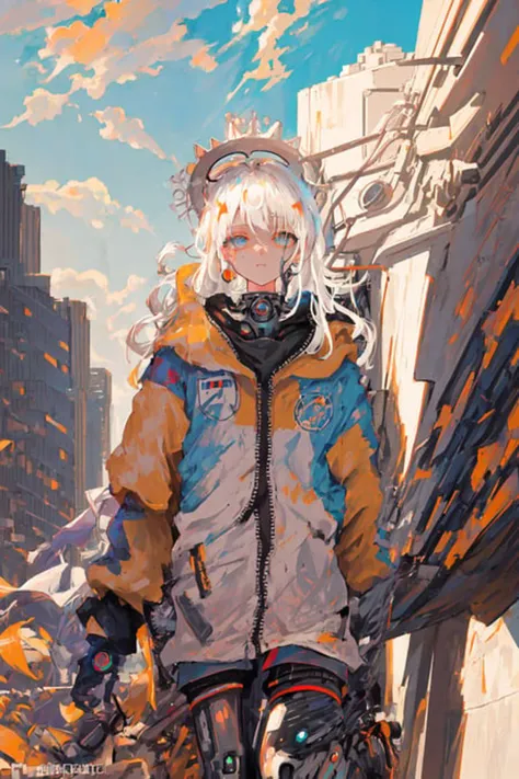 masterpiece, best quality, ultra-detailed, illustration, close-up, straight on, cyborg girl with beautiful eyes, cyberpunk, cyborg, desert, city debris, cold face, (looking at viewer), light white hair, dusk, sunshine clouds, beautiful eyes