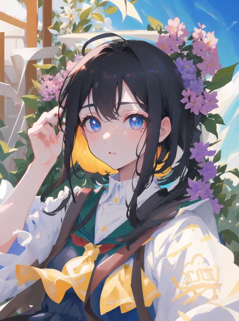 original,extremely delicate and beautiful,((beautiful detailed eyes)),(1girl), black_hair, flower, school uniform, looking_at_viewer, mole, (solo),(masterpiece:1.4),(best quality:1.4),((sky)),dappled sunlight, grass, original,extremely delicate and beautiful,beautiful detailed eyes and face,(1girl), black_hair, flower, school uniform, looking_at_viewer, mole, red_flower, (solo),(masterpiece:1.4),(best quality:1.4),sea,((sky)),dappled sunlight,