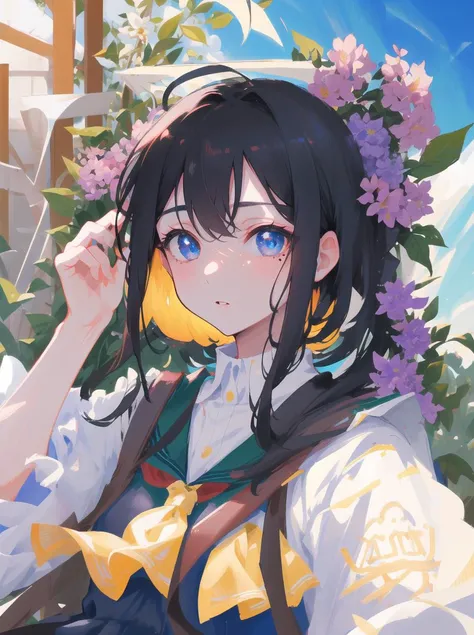 original,extremely delicate and beautiful,((beautiful detailed eyes)),(1girl), black_hair, flower, school uniform, looking_at_viewer, mole, (solo),(masterpiece:1.4),(best quality:1.4),((sky)),dappled sunlight, grass, original,extremely delicate and beautiful,beautiful detailed eyes and face,(1girl), black_hair, flower, school uniform, looking_at_viewer, mole, red_flower, (solo),(masterpiece:1.4),(best quality:1.4),sea,((sky)),dappled sunlight,