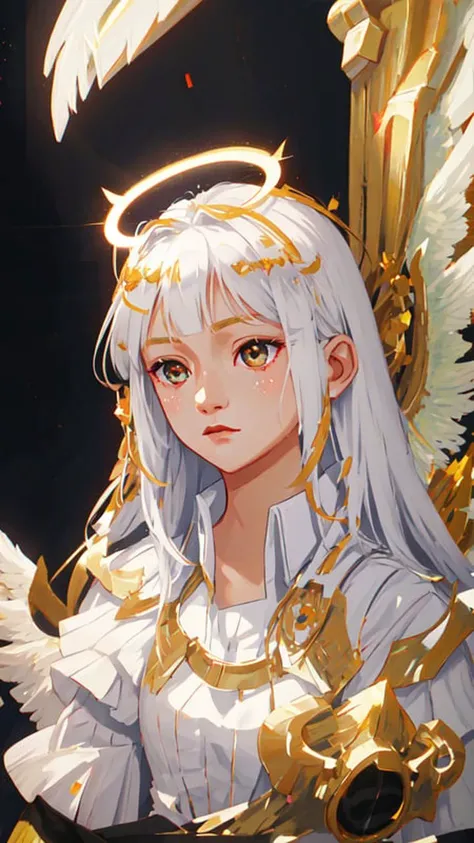 masterpiece, best quality, ultra-detailed, illustration, close-up, straight on, face focus, 1girl, white hair, golden eyes, long hair, halo, angel wings, serene expression, looking at viewer <lora:arcaneStyleLora_offset:1>