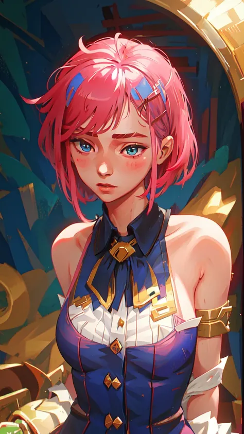 masterpiece, best quality, ultra-detailed, illustration,(1girl),beautiful detailed eyes, looking at viewer, close up, (breast focus), (arms behind back:1.2), pink hair, shy,Rabbit hairpins,naked <lora:arcaneStyleLora_offset:1>