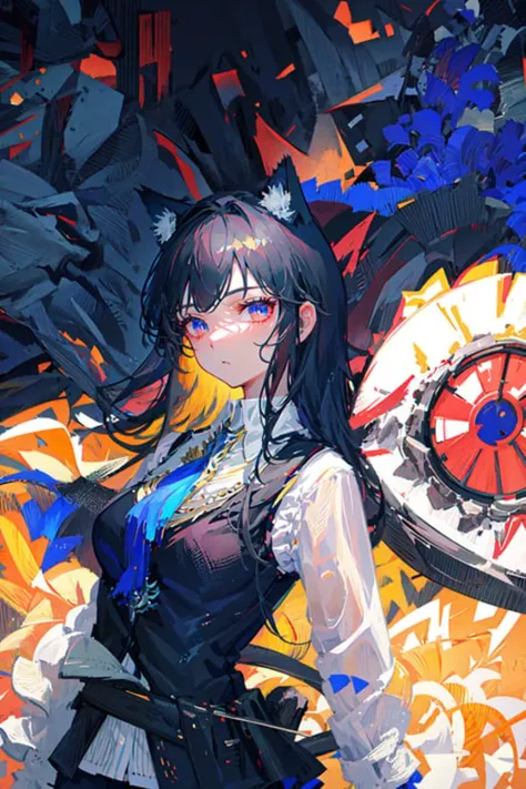 masterpiece, best quality, ultra-detailed, illustration,(1girl),beautiful detailed eyes, looking at viewer, close up, (breast focus), (arms behind back:1.2), black hair, shy,cat ears,(arms behind back:1.2),<lora:arknightsTexasThe_v10:0.8>