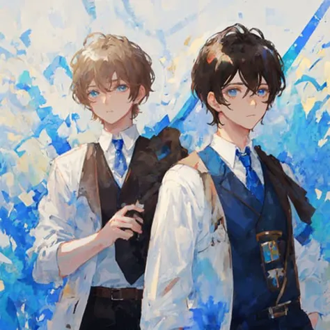 2boys,( brown) short hair and blue droopy eyes,skin, suit straps,white shirt, brown vest,black short straight hair,zoomed in on face, focused on face, blue highlights,looking at viewer,watercolor, aristocratic youth