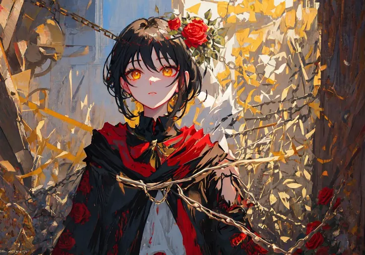 masterpiece, best quality, ultra-detailed, illustration, close-up, straight on, 1girl, black hair, yellow eyes, red roses, chains