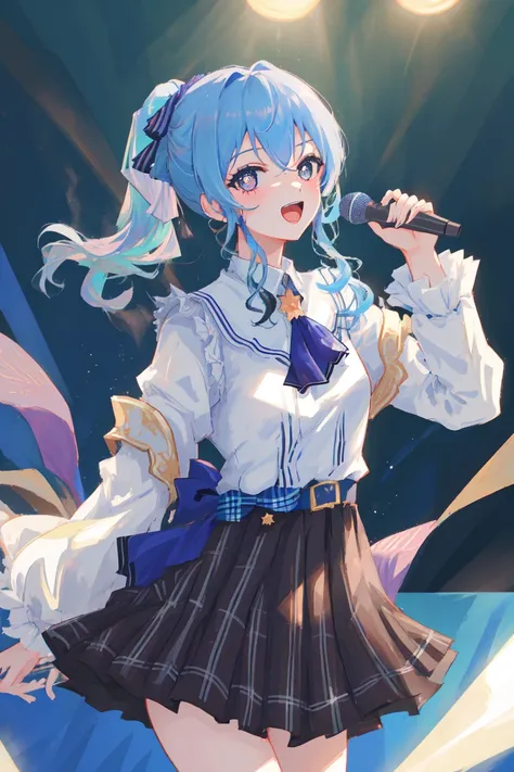 2d, masterpiece, best quality, anime, perfect lighting, highly detailed eyes, highly detailed face, highly detailed background, good hands, (cowboy shot), full body, 1 girl, standing, (hoshimachi suisei:1.2), ho****ve, virtual youtuber, blue hair, medium hair, side ponytail, bangs, blue ribbon, plaid, plaid dress, star brooch, blue belt, asymmetrical legwear, concert, stage, blue lights, idol, singing, happy, microphone, holding microphone, (star-shaped pupils), looking at viewer, sleeves, <lora:hll1:1>