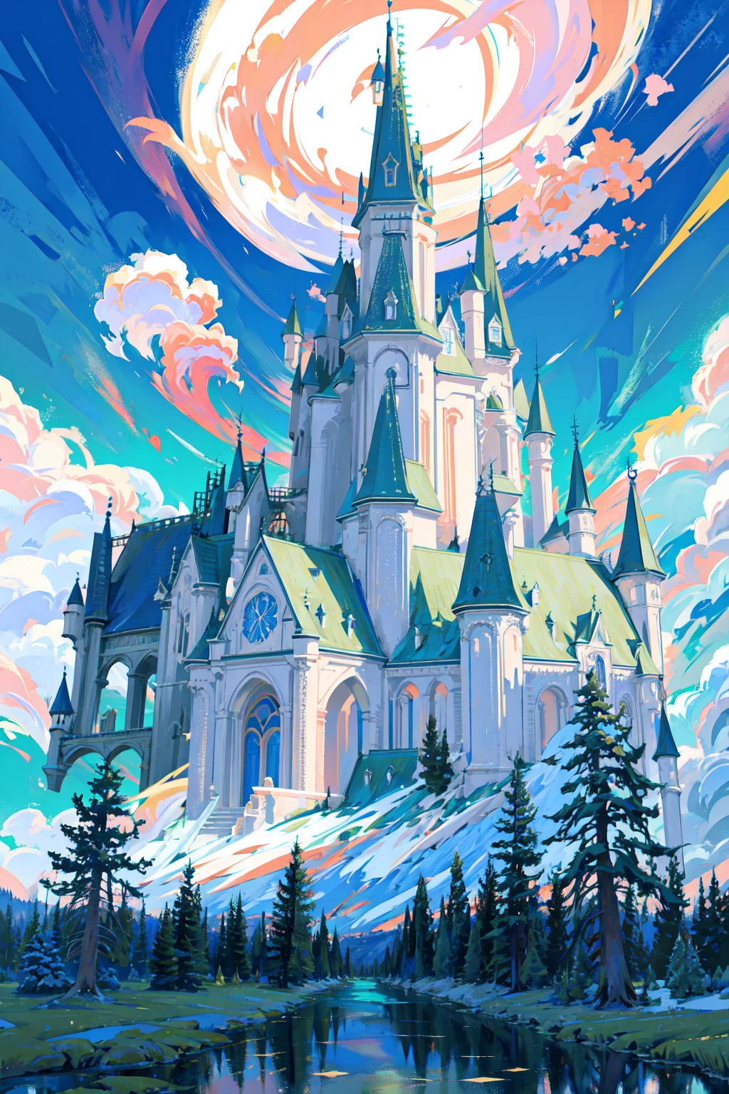 (masterpiece),(best quality:1.0), (ultra highres:1.0), detailed illustration, dreaming, forest, detailed sky, (mysterious huge castle)