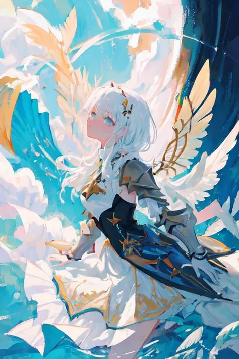 {{illustration}},{{{masterpiece}}},{{best quality}},{High resolution}, hignity 8k wallpaper,detailed background,{{beautiful detailed water}},{beautiful detailed face},fluttered detailed splashs,{{intricate detail}},Golden armor,{indoor},{{Central symmetry}},{{{White wings}}},{{{feather}}},{{{Medieval church}}},Angel,armored dress,Multiple wings,white_hair,painted in the style of Abstract art,absurdres,Illustration,Tyndall effect