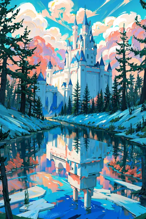 (masterpiece),(best quality:1.0), (ultra highres:1.0), detailed illustration,  dreaming, forest, detailed sky, (mysterious huge castle)