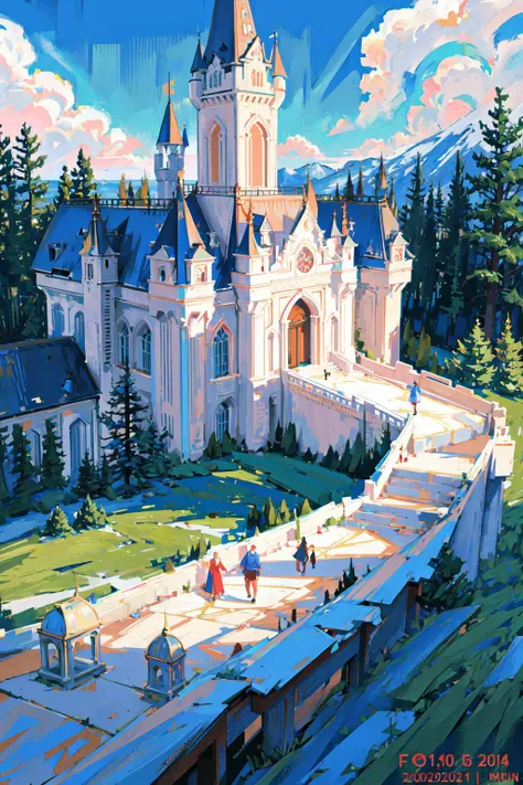 (masterpiece),(best quality:1.0), (ultra highres:1.0), detailed illustration, dreaming, forest, detailed sky, (mysterious huge castle)