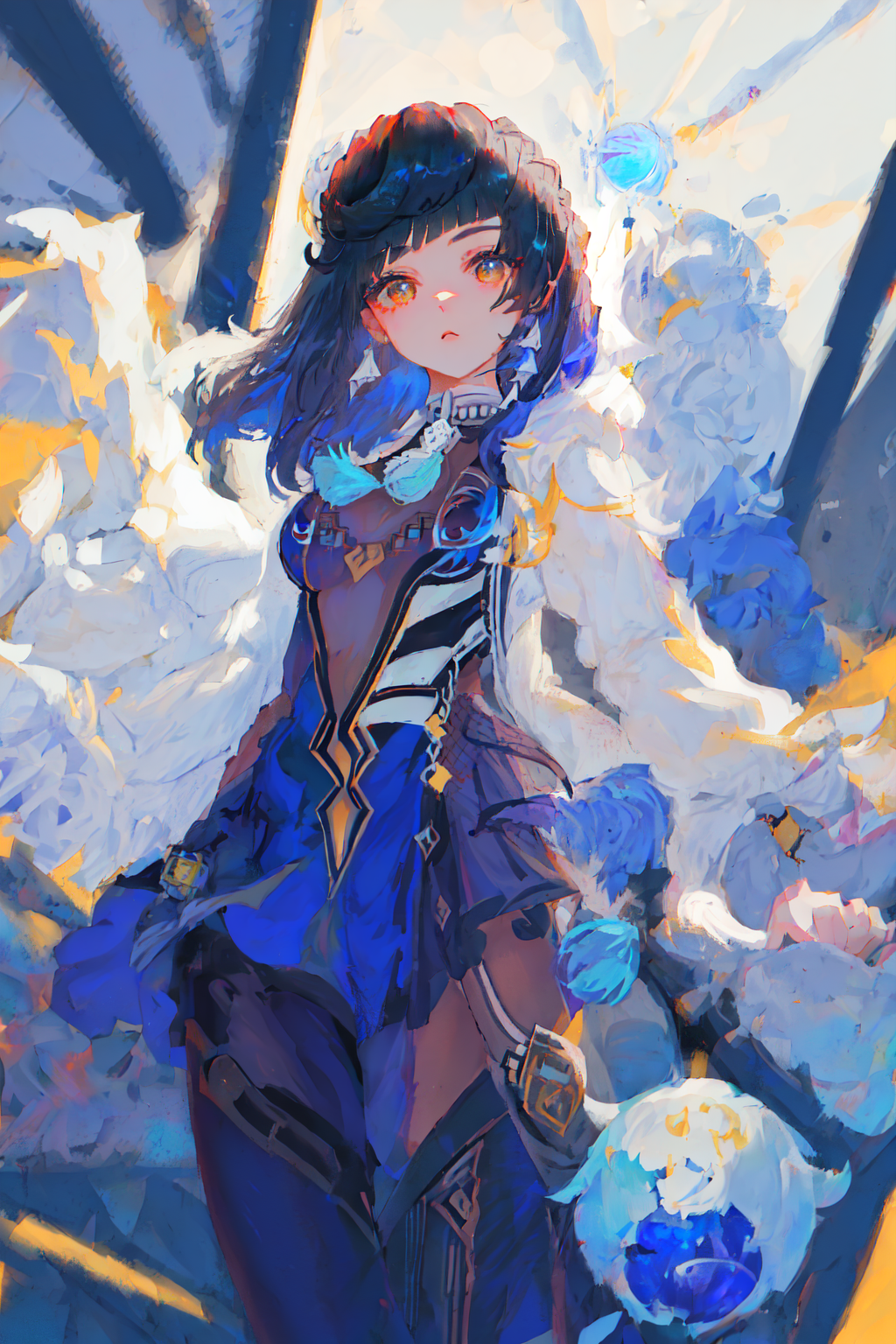 A painting of a woman in a blue dress and a flower - SeaArt AI