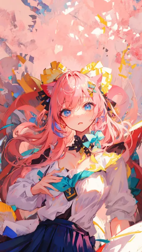 masterpiece, best quality, ultra-detailed, illustration,(1girl),beautiful detailed eyes, looking at viewer, close up, (breast focus), pink hair, shy,cat ears,naked