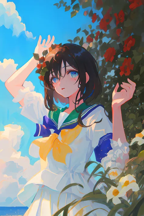 original,extremely delicate and beautiful,((beautiful detailed eyes)),(1girl), black hair, flower, school uniform, looking_at_viewer, mole, (solo),(masterpiece:1.4),(best quality:1.4),((sky)),dappled sunlight, grass, original,extremely delicate and beautiful,beautiful detailed eyes and face,(1girl), black_hair, flower, school uniform, looking_at_viewer, mole, red_flower, (solo),(masterpiece:1.4),(best quality:1.4),sea,((sky)),dappled sunlight,