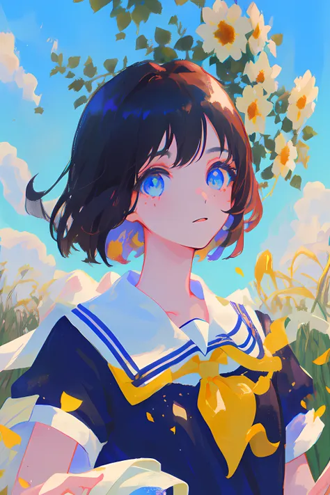 original,extremely delicate and beautiful,((beautiful detailed eyes)),(1girl), black hair, flower, school uniform, looking_at_viewer, mole, (solo),(masterpiece:1.4),(best quality:1.4),((sky)),dappled sunlight, grass, original,extremely delicate and beautiful,beautiful detailed eyes and face,(1girl), black_hair, flower, school uniform, looking_at_viewer, mole, red_flower, (solo),(masterpiece:1.4),(best quality:1.4),sea,((sky)),dappled sunlight,