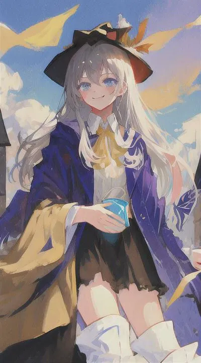 elaina_\(majo_no_tabitabi\), <lora:elainaMajoNoTabitabi_v1:0.75>, masterful, masterpiece, 4k,
1girl, feminine, beautiful, a-cup, grey hair, big magical hat + black on the top and purple on the inside, blue eyes, white shirt, yellow ribbon, black robe,
kawaii, looking at viewer, slight smile, background medieval Europe, magical girl,