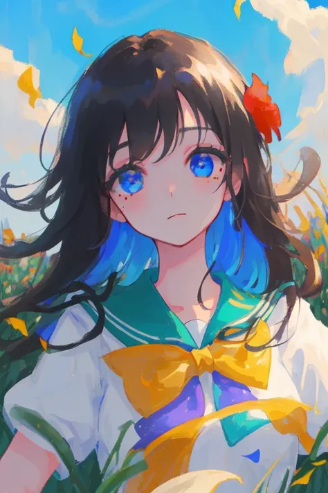 original,extremely delicate and beautiful,((beautiful detailed eyes)),(1girl), black hair, flower, school uniform, looking_at_viewer, mole, (solo),(masterpiece:1.4),(best quality:1.4),((sky)),dappled sunlight, grass, original,extremely delicate and beautiful,beautiful detailed eyes and face,(1girl), black_hair, flower, school uniform, looking_at_viewer, mole, red_flower, (solo),(masterpiece:1.4),(best quality:1.4),sea,((sky)),dappled sunlight,