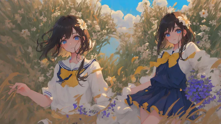 original,extremely delicate and beautiful,((beautiful detailed eyes)),(1girl), black hair, flower, school uniform, looking_at_viewer, mole, (solo),(masterpiece:1.4),(best quality:1.4),((sky)),dappled sunlight, grass, original,extremely delicate and beautiful,beautiful detailed eyes and face,(1girl), black_hair, flower, school uniform, looking_at_viewer, mole, red_flower, (solo),(masterpiece:1.4),(best quality:1.4),sea,((sky)),dappled sunlight,