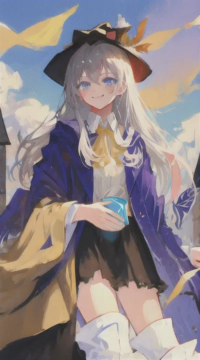 elaina_\(majo_no_tabitabi\), <lora:elainaMajoNoTabitabi_v1:0.75>, masterful, masterpiece, 4k,
1girl, feminine, beautiful, a-cup, grey hair, big magical hat + black on the top and purple on the inside, blue eyes, white shirt, yellow ribbon, black robe,
kawaii, looking at viewer, slight smile, background medieval Europe, magical girl,