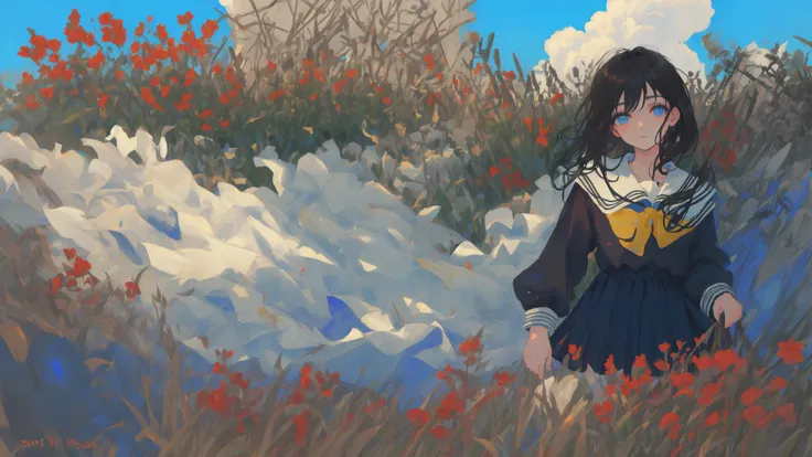 original,extremely delicate and beautiful,((beautiful detailed eyes)),(1girl), black hair, flower, school uniform, looking_at_viewer, mole, (solo),(masterpiece:1.4),(best quality:1.4),((sky)),dappled sunlight, grass, original,extremely delicate and beautiful,beautiful detailed eyes and face,(1girl), black_hair, flower, school uniform, looking_at_viewer, mole, red_flower, (solo),(masterpiece:1.4),(best quality:1.4),sea,((sky)),dappled sunlight,