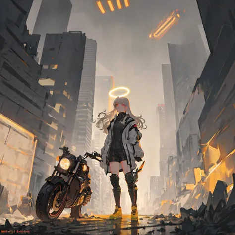 masterpiece, best quality, ultra-detailed, illustration, face focus, 1girl, grey_hair, golden eyes, long hair, serene expression,full body,future style \(module\), ruins, city, motorcycle, neon trim, skyscraper, mechanical halo, detailed background