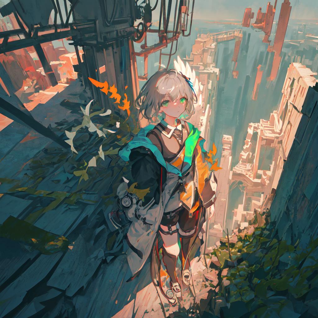 A painting of a woman standing on a ledge in a city - SeaArt AI