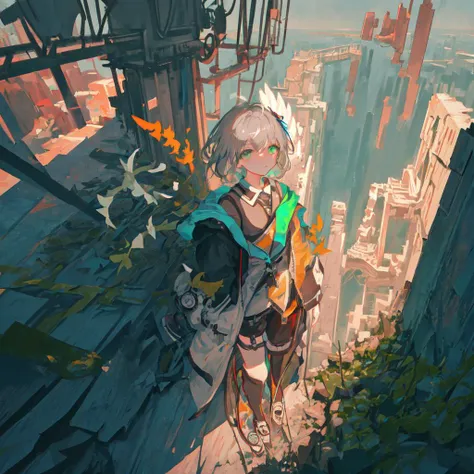 (((masterpiece))), (((best quality))), (((ultra-detailed))), illustration, straight on, face focus, 1girl, green eyes, short hair, hair, mechanical wings, serene expression, looking at viewer,ruins, city, bridge, future style \(module\), grey hair, mechanical tail, from above, cinematic angle,nigh, neon lights, haze, moss,