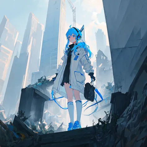 masterpiece, ((best quality)), ultra-detailed, illustration, 1girl, light blue hair, blue eyes,long hair, city,(ruins),haze,future style \(module\),cinematic angle,full body,skyscraper, moss,headset, white clothes,Acrylic,female focus