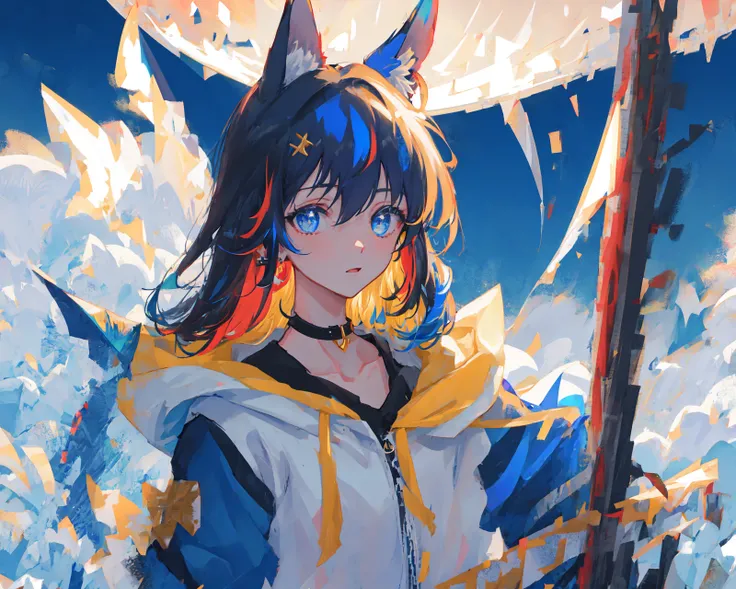 (masterpiece, best quality, extremely detailed CG, beautiful detailed eyes, ultra-detailed, intricate details:1.2), 8k wallpaper, elaborate features,
(1girl, solo:1.4), (multicolored hair:1.2),(blue hair:1.2), long hair, streaked hair, halo, looking at viewer, animal ears, blue eyes,earring, blue jacket, choker,upper body,
night, full moon,outdoors,