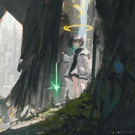 masterpiece, ((best quality)), ultra-detailed, illustration, 1girl, dark grey hair, green eyes,short hair, serene expression, city,(ruins),haze,future style \(module\),cinematic angle,full body,skyscraper, moss,mechanical halo, energy sword, masterpiece, ((best quality)), ultra-detailed, illustration, 1girl, dark grey hair, green eyes,short hair,grim expression,future style \(module\)
, black and white clothes,Acrylic,female focus,looking at viewer,close-up, straight on, face focus,mechanical halo, issue card