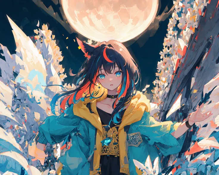 (masterpiece, best quality, extremely detailed CG, beautiful detailed eyes, ultra-detailed, intricate details:1.2), 8k wallpaper, elaborate features,
(1girl, solo:1.4), (multicolored hair:1.2),(blue hair:1.2), long hair, streaked hair, halo, looking at viewer, animal ears, green eyes,earring, blue jacket, choker,upper body, floating hair, open jacket,
night, full moon,outdoors,