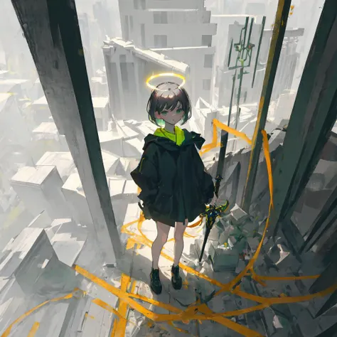 masterpiece, ((best quality)), ultra-detailed, illustration, 1girl, dark grey hair, green eyes,short hair, serene expression, city,(ruins),haze,future style \(module\),cinematic angle,full body,skyscraper, moss,mechanical halo, energy sword, holding sword,, masterpiece, ((best quality)), ultra-detailed, illustration, 1girl, dark grey hair, green eyes,short hair,grim expression,future style \(module\)
, black and white clothes,Acrylic,female focus,looking at viewer,close-up, straight on, face focus,mechanical halo, issue card