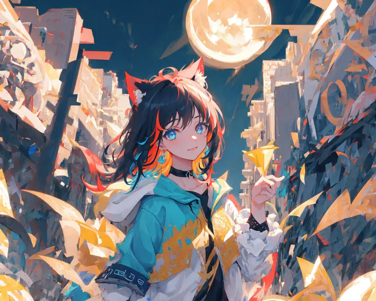 (masterpiece, best quality, extremely detailed CG, beautiful detailed eyes, ultra-detailed, intricate details:1.2), 8k wallpaper, elaborate features,
(1girl, solo:1.4), (multicolored hair:1.2),(blue hair:1.2), long hair, streaked hair,looking at viewer, cat ears, green eyes,earring, blue jacket, choker,upper body, floating hair, open jacket, light smile, large breasts,
night, full moon,outdoors,