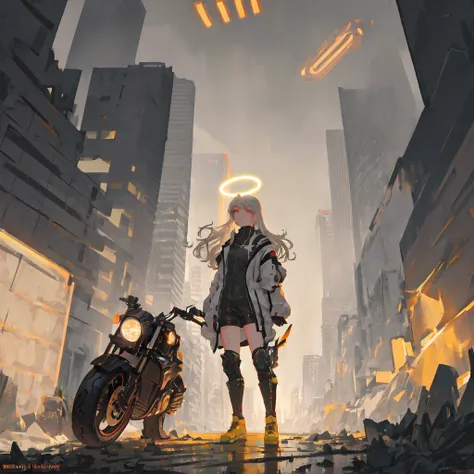 masterpiece, best quality, ultra-detailed, illustration, face focus, 1girl, grey_hair, golden eyes, long hair, serene expression,full body,future style \(module\), ruins, city, motorcycle, neon trim, skyscraper, mechanical halo, detailed background