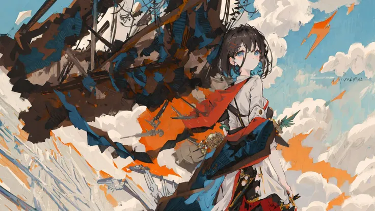 mksks style, masterpiece, close up, having a sword in the back,short hair, hair, mechanical wings, serene expression,country side, 1girl, high resolution background, battle,realistic background <lora:Moxin_10:0.6>