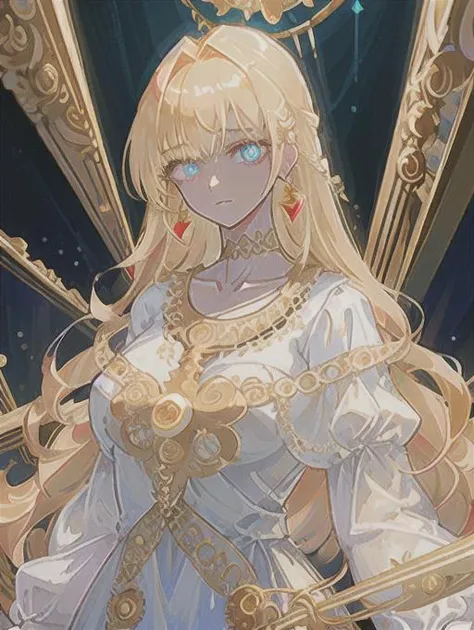 1girl, large breasts, villainess, choker, collar, long hair, (blonde hair:1.5), (white dress:1.5), intricate dress, golden necklace, intricate necklace, (intricate eyes:1.5), deep dark blue eyes, deep red eyes, cross earrings, disdain, narrow eyes, sunlight, glass refraction, light, roses, fantasy, manhwa style, (white, gold, light blue)