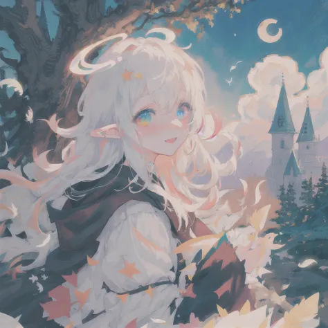 mksks style, anime, masterpiece, best quality, ultra-detailed, illustration, close up, portrait, 8k, 1girl, solo, pixiv, danbooru, gothic, brightly lit, glowing lanterns, chromatic aberration, depth of field, white hair, long hair, multicolored hair, hair streaks, ahoge, glowing eyes, happy expression, elf ears, outdoors, gothic castle, lake, grass, trees, big fluffy clouds, stars, night sky, full moon, vivid, birds, feathers, magic runes, large breasts, heterochromia, halo, facing the viewer, mouth open, smiling, blushing, blush,