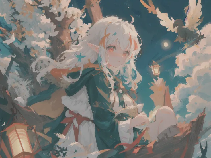 mksks style, masterpiece, best quality, ultra-detailed, illustration, portrait, 1girl, solo, dimly lit, carrying a glowing lantern, chromatic aberration, depth of field, white hair, multicolored hair, hair streaks, red eyes, happy expression, elf ears, outdoors, castle in the distance, huge lake, dark green grass, giant trees, big fluffy clouds, bright shining stars, night sky, full moon, vivid, birds, feathers, magic runes tattoos,