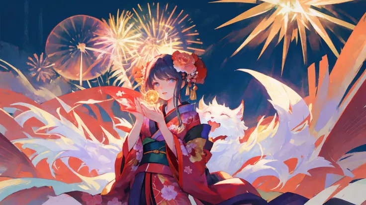 masterpiece, best quality, fireworks,beautiful detailed night sky,1girl,shy,kimono,realistic