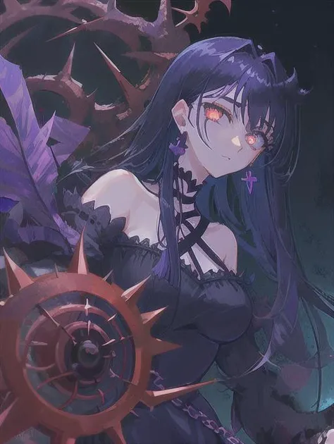 (1girl:1.5), huge boobs, villainess, long hair, long twin tails, (black hair:1.5), (black dress:1.5), intricate dress, chocker, intricate necklace, (intricate eyes:1.5), deep dark red eyes, (cross earrings:1.3), disdain, narrow eyes, darkness, briar roses, thorns, briar thorns, roses, fantasy, darkness magic, manhwa style, (black:1.5, purple:1.5), dark blue