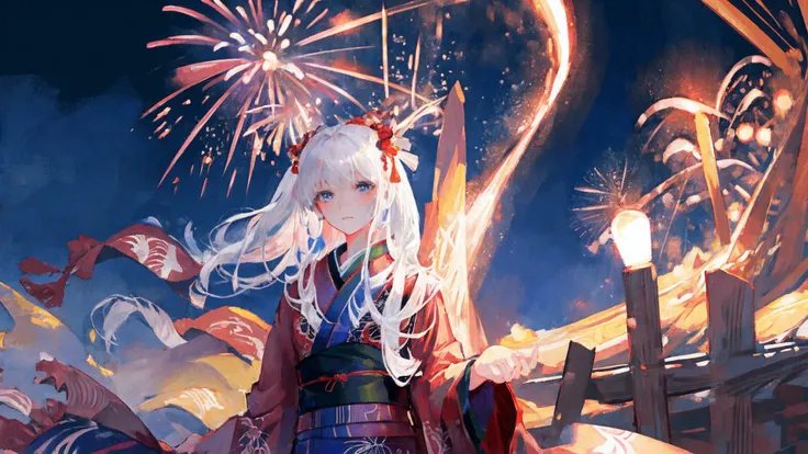 masterpiece, best quality, fireworks,beautiful detailed night sky,1girl,shy,kimono,realistic, <lora:koreanDollLikeness_v10:0.5>