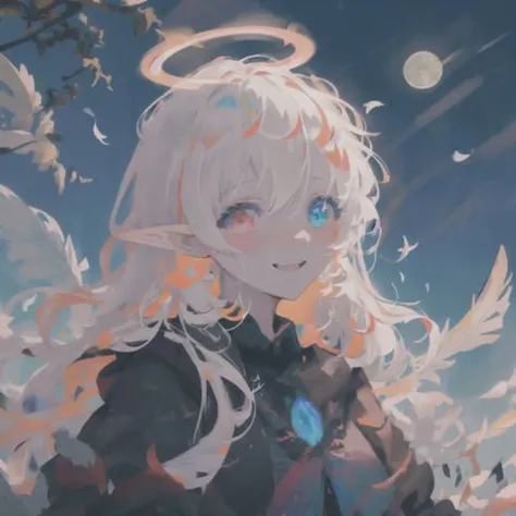 mksks style, anime, masterpiece, best quality, ultra-detailed, illustration, close up, portrait, 8k, 1girl, solo, pixiv, danbooru, gothic, brightly lit, glowing lanterns, chromatic aberration, depth of field, white hair, long hair, multicolored hair, hair streaks, ahoge, glowing eyes, happy expression, elf ears, outdoors, gothic castle, lake, grass, trees, big fluffy clouds, stars, night sky, full moon, vivid, birds, feathers, magic runes, large breasts, heterochromia, halo, facing the viewer, mouth open, smiling, blushing, blush,