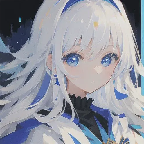 mksks style, masterpiece, best quality, ultra-detailed, illustration, close-up, straight on, face focus, 1girl, white hair, blue eyes, long hair, wands, serene expression, looking at viewer, cute,