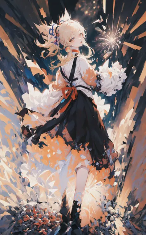 (masterpiece, best quality, extremely detailed CG, beautiful detailed eyes, ultra-detailed, intricate details, high res:1.2), 8k wallpaper, elaborate features,(1girl, solo:1.4), looking at viewer, earring, choker, fireworks,stars, night,outdoors, full body, remote, ((complex background:1.5)),(dutch angle),(looking back)
