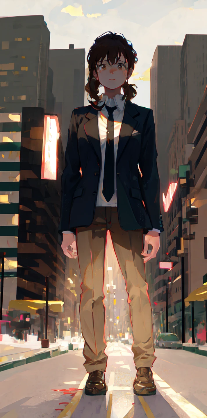 (sfw), (masterpiece:1.2), best quality, masterpiece, highres, original, extremely detailed wallpaper, (ultra-detailed), (best illustration), (best shadow), (Kobeni), small breasts, perky breasts, (white collared shirt), (blood stain:1.1), (horrified:1.2), (black necktie), (shirt stain), (stained), 1girl, looking at viewer, (scared:1.2), (tears:1.1), (brown eyes), (peace sign),