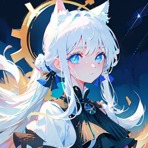 masterpiece, best quality, ultra-detailed, illustration,(1girl),beautiful detailed eyes, black blouse, looking at viewer, close up, (breast focus), white ponytail hair, shy, blue eyes, cat ears, naked, night sky, stars