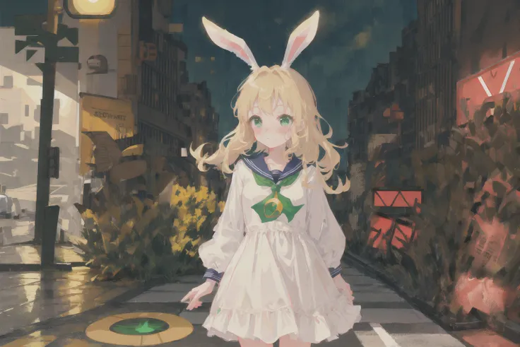 masterpiece, best quality, 1girl,petite,small breasts,loli,long hair,blond hair,green eyes,blush,(outdoor,pavement,traffic light,road sign),sailor dress,bunny ears